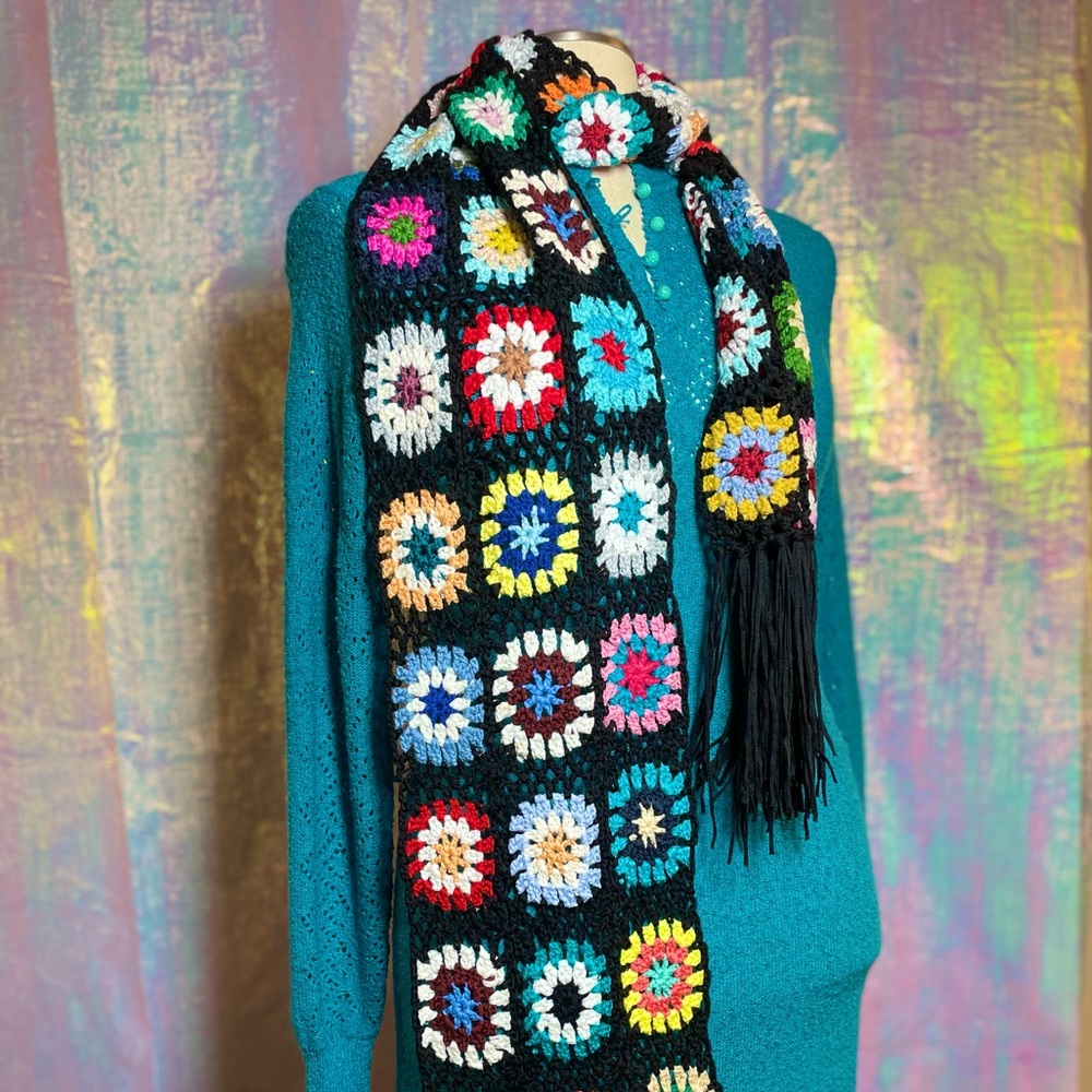 Handmade Multicolor Granny Square Crochet Scarf